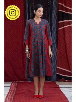 Okhai - Crimson Flow Cotton Ajrakh Red Midi Dress