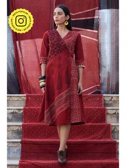 Okhai - Mosaic Cotton Ajrakh Red Wrap Dress