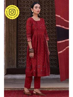 Okhai - Knotline Cotton Ajrakh Red Kurta With Pant
