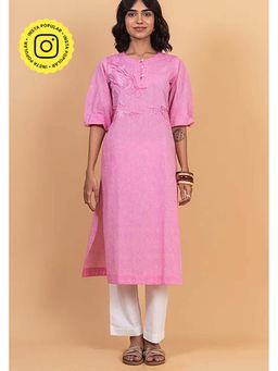 Okhai - Women's Hand Embroidered Pure Cotton Pink Kurta