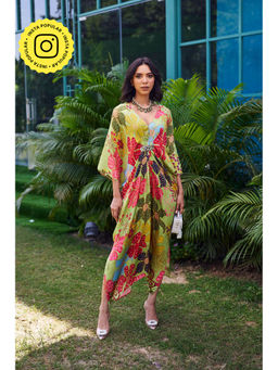 STTAVOSS - Alaya Green Floral Flared Sleeves V-Neck Kaftan Maxi Dress