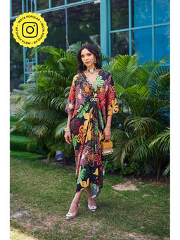 STTAVOSS - Ziva Navy Blue Floral Flared Sleeves V-Neck Kaftan Maxi Dress