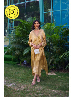 STTAVOSS - Sitara Gold Solid/Plain Flared Sleeves Plunging Neck Kaftan Maxi Dress