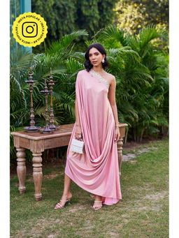STTAVOSS - Zeyna Pink Embroidered Flared Sleeves One Shoulder Kaftan Maxi Dress