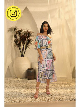 STTAVOSS - White Printed Petra Off Shoulder Dress with Belt (Set of 2)