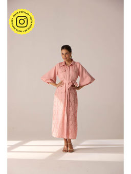 STTAVOSS - Pink Self Design Carmine Dress with Belt (Set of 2)