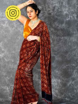 Sundarii - Jane Ajrakh Silk Velvet Saree without Blouse