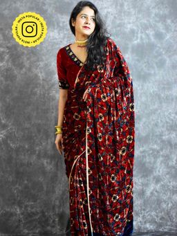 Sundarii - Letizia Ajrakh Silk Velvet Saree without Blouse