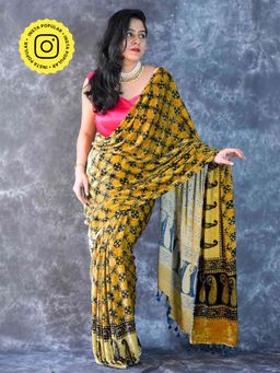 Sundarii - Margarethe Ajrakh Silk Velvet Saree without Blouse