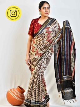 Sundarii - Zig Zag Dabu Chanderi Silk Saree without Blouse