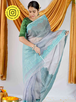 Sundarii - Cloud Handwoven Matka Silk Jamdani Sequin Work Saree with Unstitched Blouse