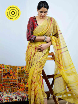 Sundarii - Marigold Kota Doria Saree with Unstitched Blouse