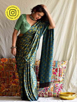Sundarii - Anar-Ajrakh Hand Block Printed Modal Silk Saree with Unstitched Blouse