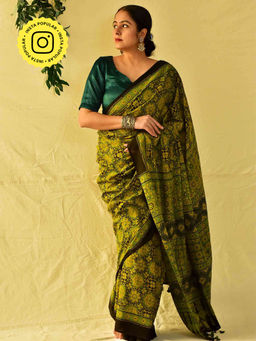 Sundarii - Andheri Ajrakh Hand Block Printed Mul Cotton Saree with Unstitched Blouse