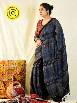 Sundarii - Avaaz-Ajrakh Hand Block Printed Mul Cotton Saree with Unstitched Blouse