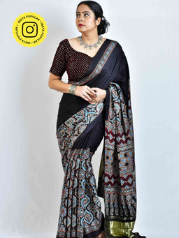 Sundarii - Avril-Ajrakh Hand Block Printed Modal Silk Saree with Zari Pallu with Unstitched Blouse