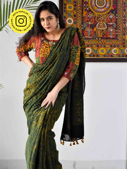 Sundarii - Henna-Ajrakh Hand Block Printed Mul Cotton Saree with Unstitched Blouse