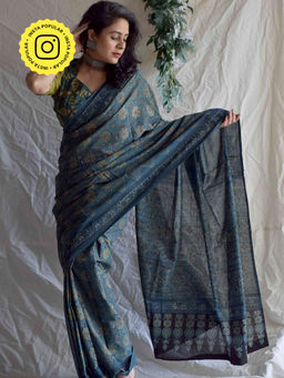 Sundarii - Kashish-Ajrakh Hand Block Printed Mul Cotton Saree with Unstitched Blouse