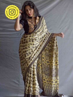 Sundarii - Lakeside- Ajrakh Hand Block Printed Modal Silk Saree with Unstitched Blouse