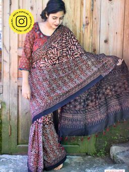 Sundarii - Loha or Manjishtha-Ajrakh Hand Block Printed Mul Cotton Saree with Unstitched Blouse