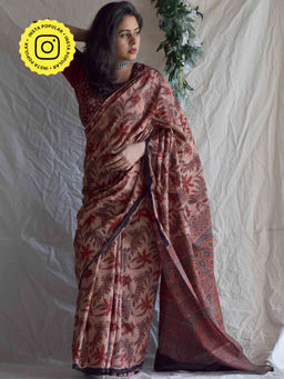 Sundarii - Mangal-Dabu Hand Block Printed Mul Cotton Saree with Unstitched Blouse