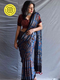 Sundarii - Murtle-Ajrakh Hand Block Printed Modal Silk Saree with Unstitched Blouse
