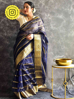 Sundarii - Oxford Blue-Silk Saree with Unstitched Blouse