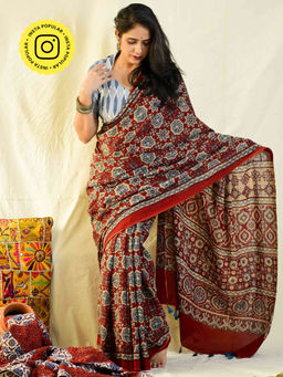 Sundarii - Pia-Ajrakh Hand Block Printed Mul Cotton Saree with Unstitched Blouse
