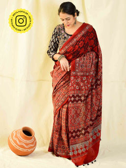 Sundarii - Raatein-Ajrakh Hand Block Printed Mul Cotton Saree with Unstitched Blouse