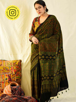 Sundarii - Rubab-Ajrakh Hand Block Printed Mul Cotton Saree with Unstitched Blouse