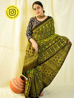 Sundarii - Sabr-Ajrakh Hand Block Printed Mul Cotton Saree with Unstitched Blouse