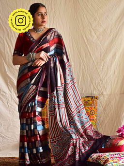 Sundarii - Seize The Day-Ajrakh Hand Block Printed Modal Silk Saree with Unstitched Blouse