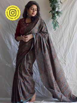 Sundarii - Tara Mandal-Ajrakh Hand Block Printed Mul Cotton Saree with Unstitched Blouse