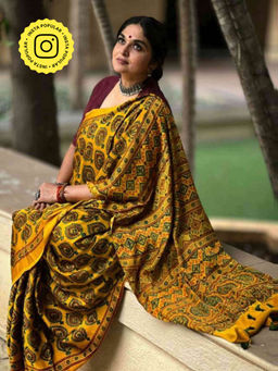 Sundarii - Turmeric-Ajrakh Hand Block Printed Modal Silk Saree with Unstitched Blouse