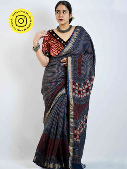 Sundarii - Zebra Ajrakh Hand Block Printed Linen Zari Saree with Unstitched Blouse