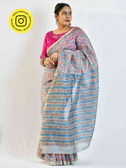 Sundarii - Dilruba Dabu Chanderi Silk Floral Saree with Unstitched Blouse