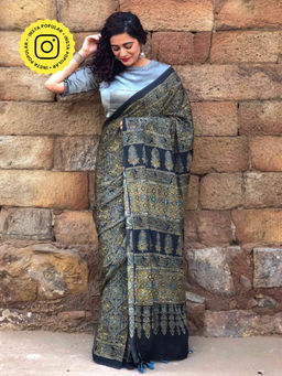 Sundarii - Black Ajrakh Floral Printed Modal Silk Saree With Unstitched Blouse