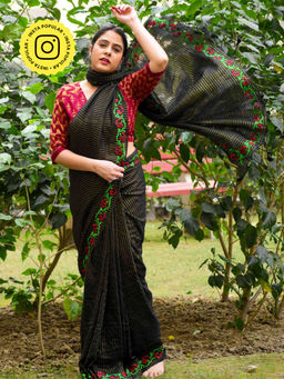 Sundarii - Black Magic Handloom Zari Striped Embroidered Saree with Unstitched Blouse