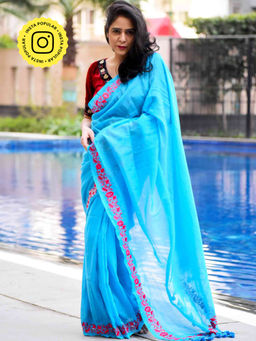 Sundarii - Seven Seas Handloom Zari Striped Embroidered Saree with Unstitched Blouse