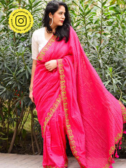 Sundarii - Bubble Gum Pink Handloom Zari Striped Embroidered Saree with Unstitched Blouse