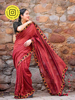 Sundarii - Cranberry Handloom Zari Striped Embroidered Saree with Unstitched Blouse