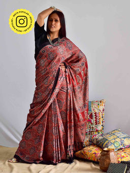 Sundarii - Maroon Ajrakh Hand Block Printed Modal Silk with Unstitched Blouse
