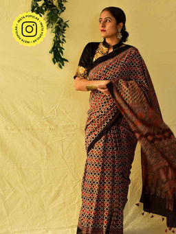 Sundarii - Kathai Ajrakh Hand Block Printed Mul Cotton Saree with Unstitched Blouse
