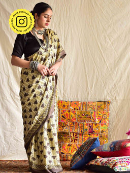 Sundarii - Magical Tulips Ajrakh Hand Block Printed Modal Silk Saree with Unstitched Blouse