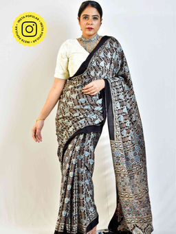 Sundarii - Tulips Ajrakh Hand Block Printed Modal Silk Saree with Unstitched Blouse