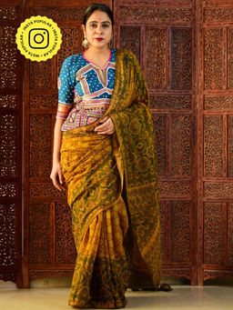Sundarii - Sitaaron Ajrakh Handloom Kota Doria Zari Border Saree with Unstitched Blouse