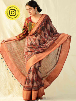 Sundarii - Sawariyaan Ajrakh Handloom Kota Doria Zari Border Saree with Unstitched Blouse