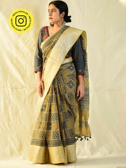 Sundarii - Kaynaat Ajrakh Handloom Kota Doria Zari Border Saree with Unstitched Blouse