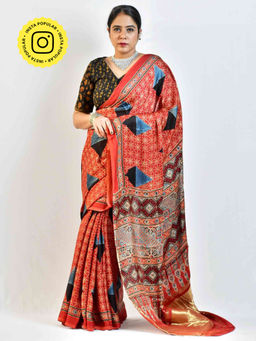 Sundarii - Fuse Ajrakh Hand Block Printed Modal Silk Zari Pallu Saree with Unstitched Blouse