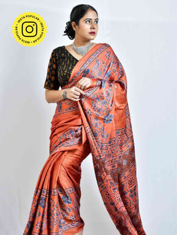 Sundarii - Pathway Ajrakh Hand Block Printed Modal Silk Saree with Unstitched Blouse